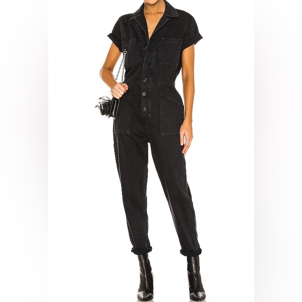 pistola Black Short-Sleeve Denim Jumpsuit
